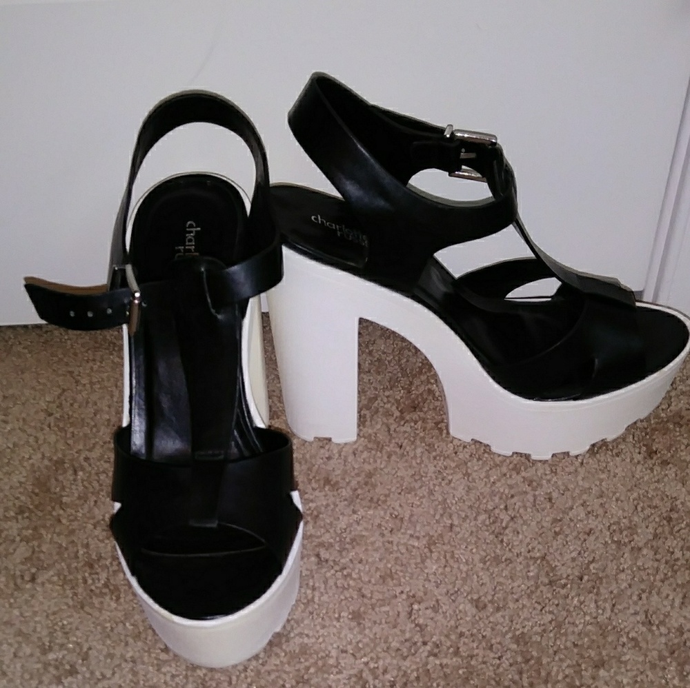 White and black chunky heels